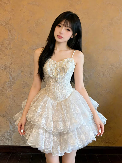 Ball Gown Spaghetti Strap Lace White Short Mini Party Dress Cocktail Homecoming Dresses N4100
