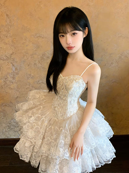 Ball Gown Spaghetti Strap Lace White Short Mini Party Dress Cocktail Homecoming Dresses N4100
