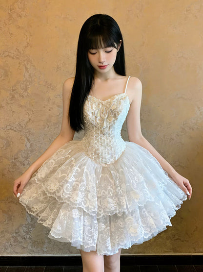Ball Gown Spaghetti Strap Lace White Short Mini Party Dress Cocktail Homecoming Dresses N4100
