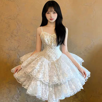 Ball Gown Spaghetti Strap Lace White Short Mini Party Dress Cocktail Homecoming Dresses N4100