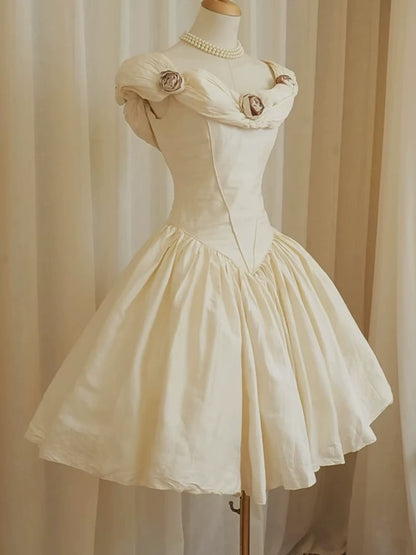 Princess Wedding Dresses Ball Gown Off The Shoulder Satin Short Mini Summer Garden Wedding Dress N4122