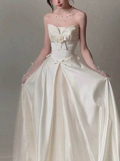 Simple Wedding Dresses A line Strapless Summer Garden Satin Tulle Long Wedding Dress N4123