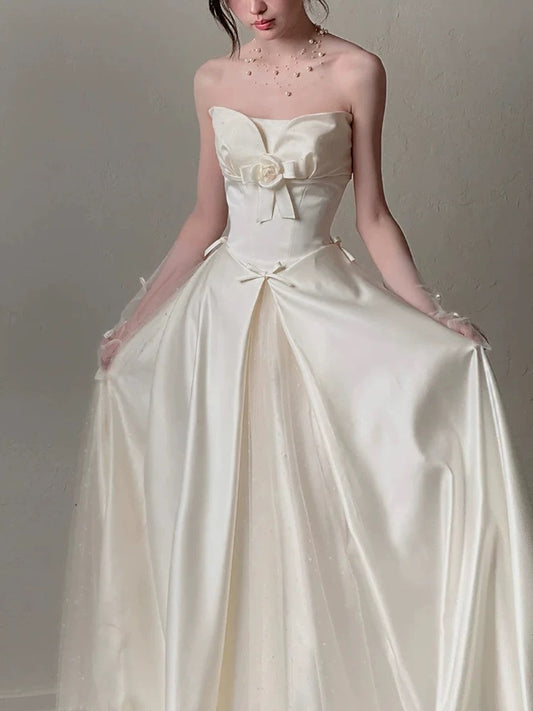 Simple Wedding Dresses A line Strapless Summer Garden Satin Tulle Long Wedding Dress N4123