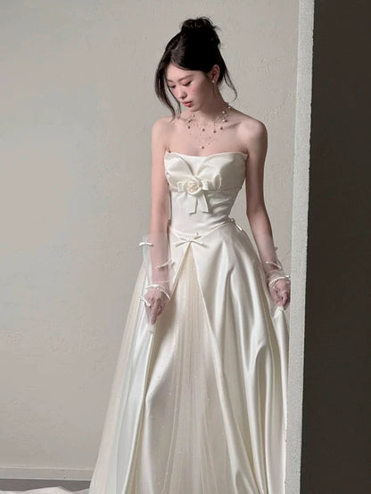 Simple Wedding Dresses A line Strapless Summer Garden Satin Tulle Long Wedding Dress N4123