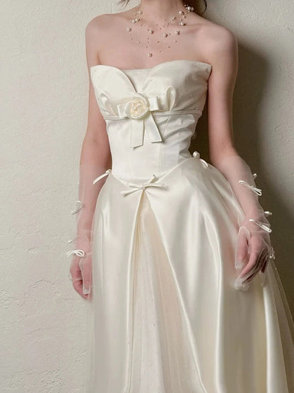 Simple Wedding Dresses A line Strapless Summer Garden Satin Tulle Long Wedding Dress N4123
