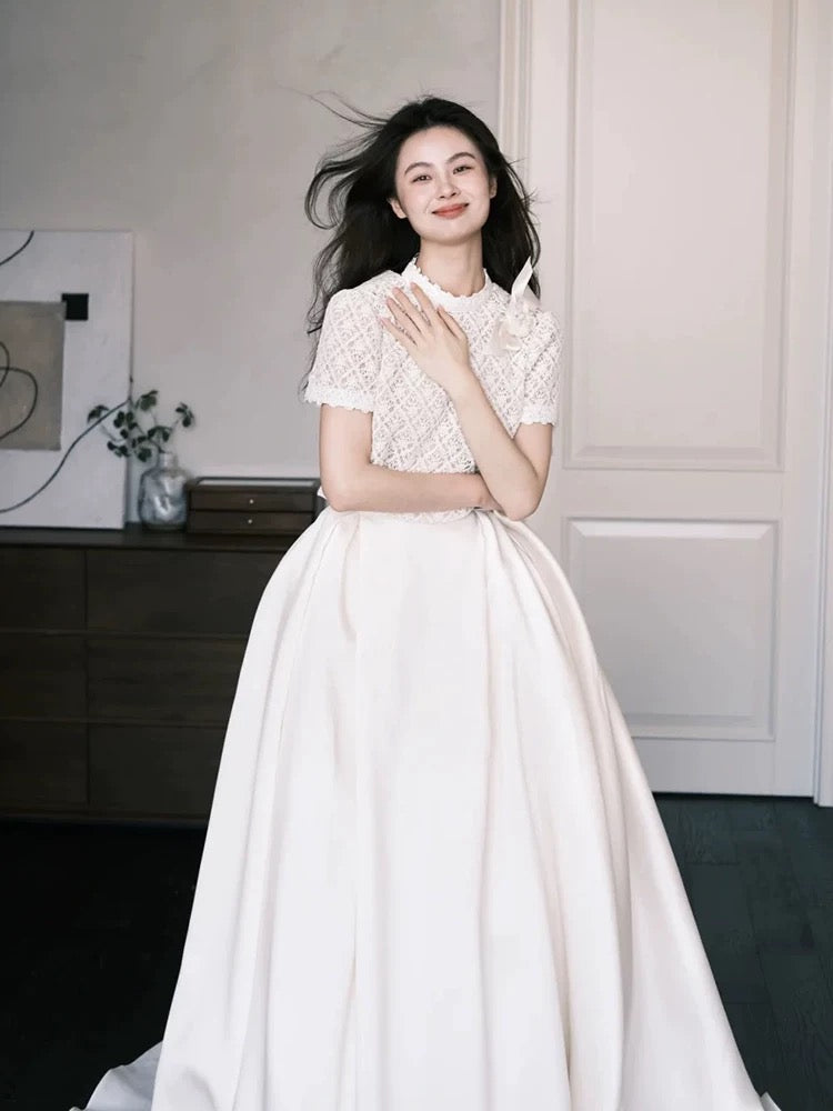 Simple Wedding Dresses 2 Pieces White Lace Summer Garden Long Wedding Dress N4124