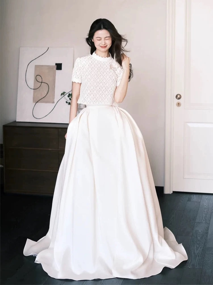 Simple Wedding Dresses 2 Pieces White Lace Summer Garden Long Wedding Dress N4124