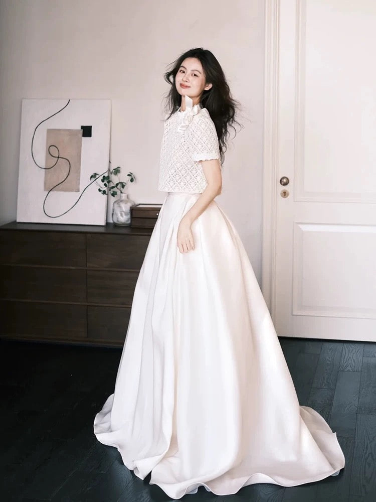 Simple Wedding Dresses 2 Pieces White Lace Summer Garden Long Wedding Dress N4124