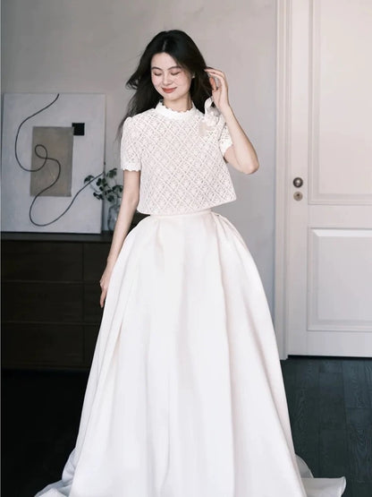 Simple Wedding Dresses 2 Pieces White Lace Summer Garden Long Wedding Dress N4124