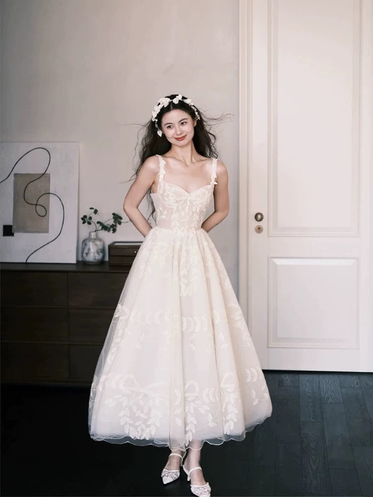Simple Wedding Dresses Ball Gown Sweetheart Lace White Ankle Length Summer Garden Wedding Dress N4125