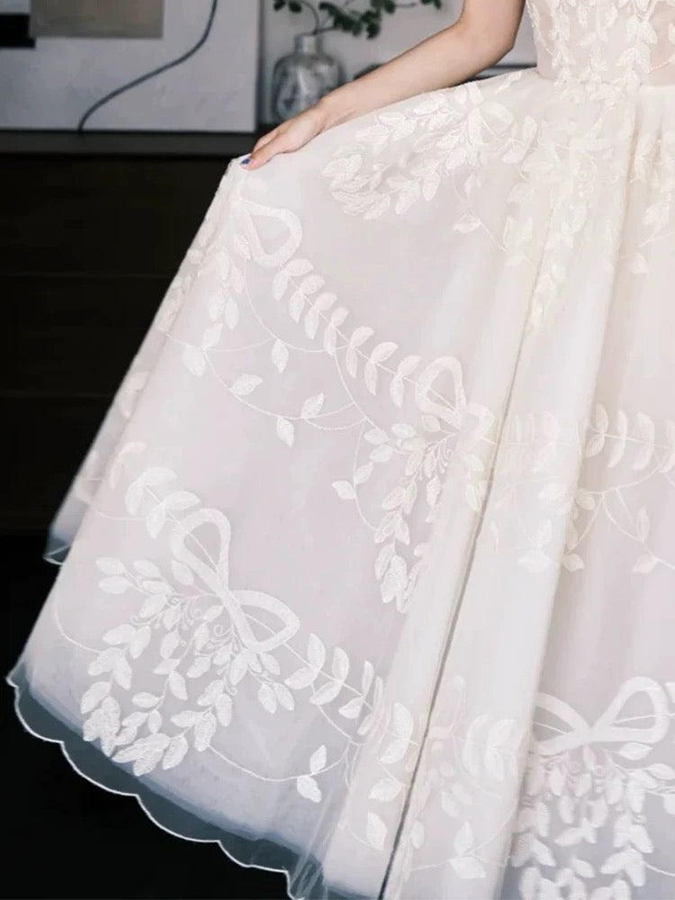 Simple Wedding Dresses Ball Gown Sweetheart Lace White Ankle Length Summer Garden Wedding Dress N4125