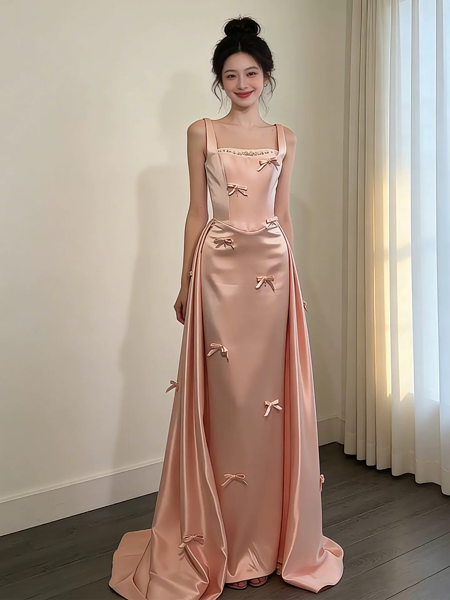 Cute Sheath Square Pink Satin 18th Birthday Elegant Outfit Formal Long Prom Dresses N4126