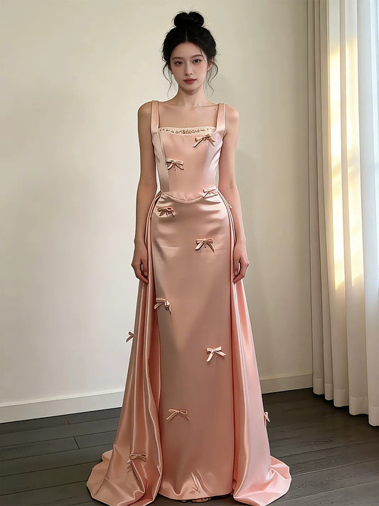 Cute Sheath Square Pink Satin 18th Birthday Elegant Outfit Formal Long Prom Dresses N4126