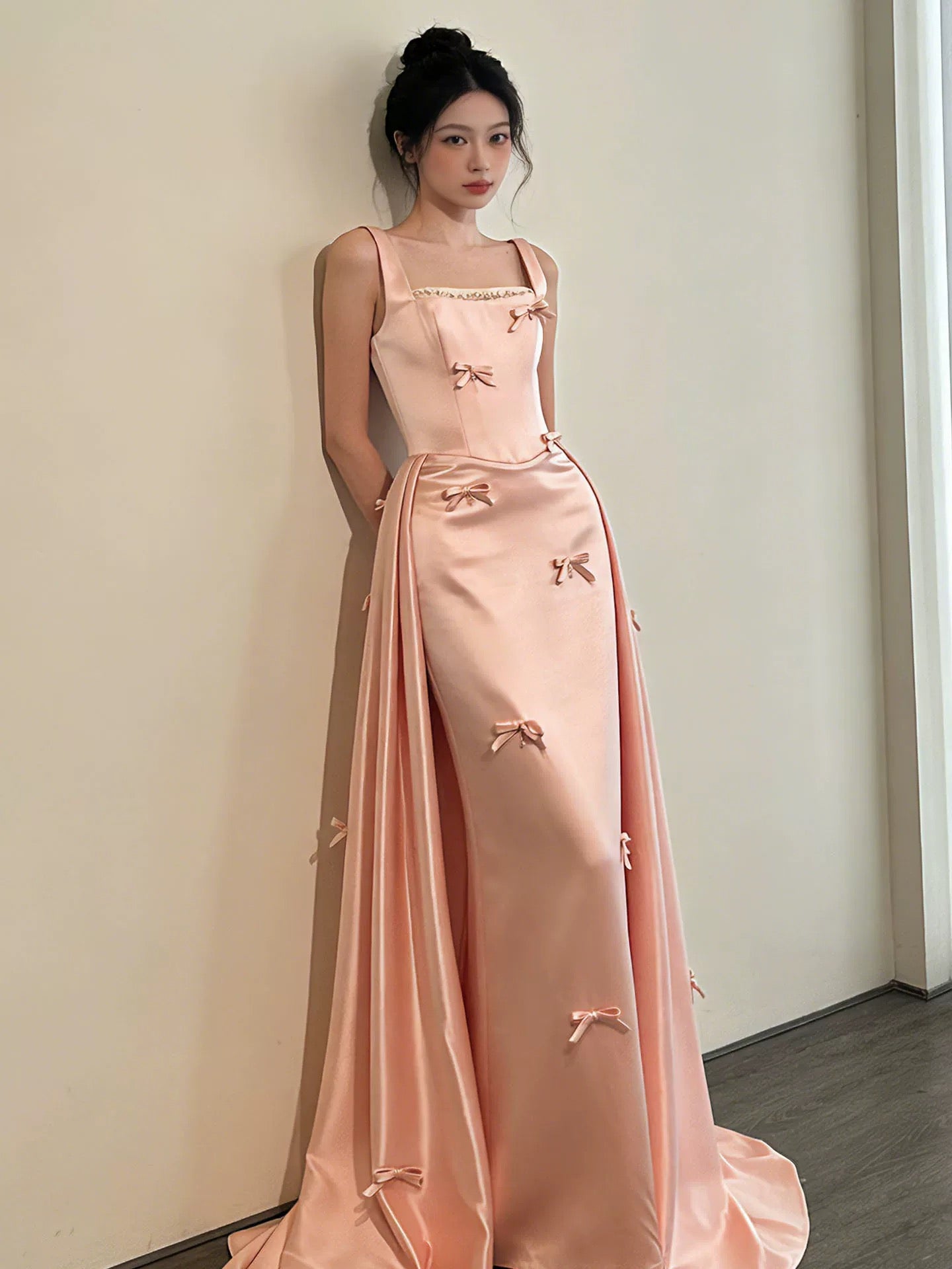 Cute Sheath Square Pink Satin 18th Birthday Elegant Outfit Formal Long Prom Dresses N4126