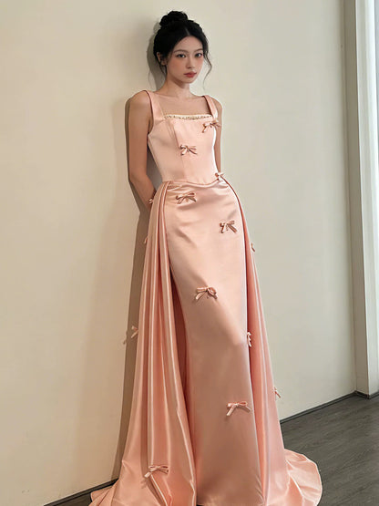 Cute Sheath Square Pink Satin 18th Birthday Elegant Outfit Formal Long Prom Dresses N4126