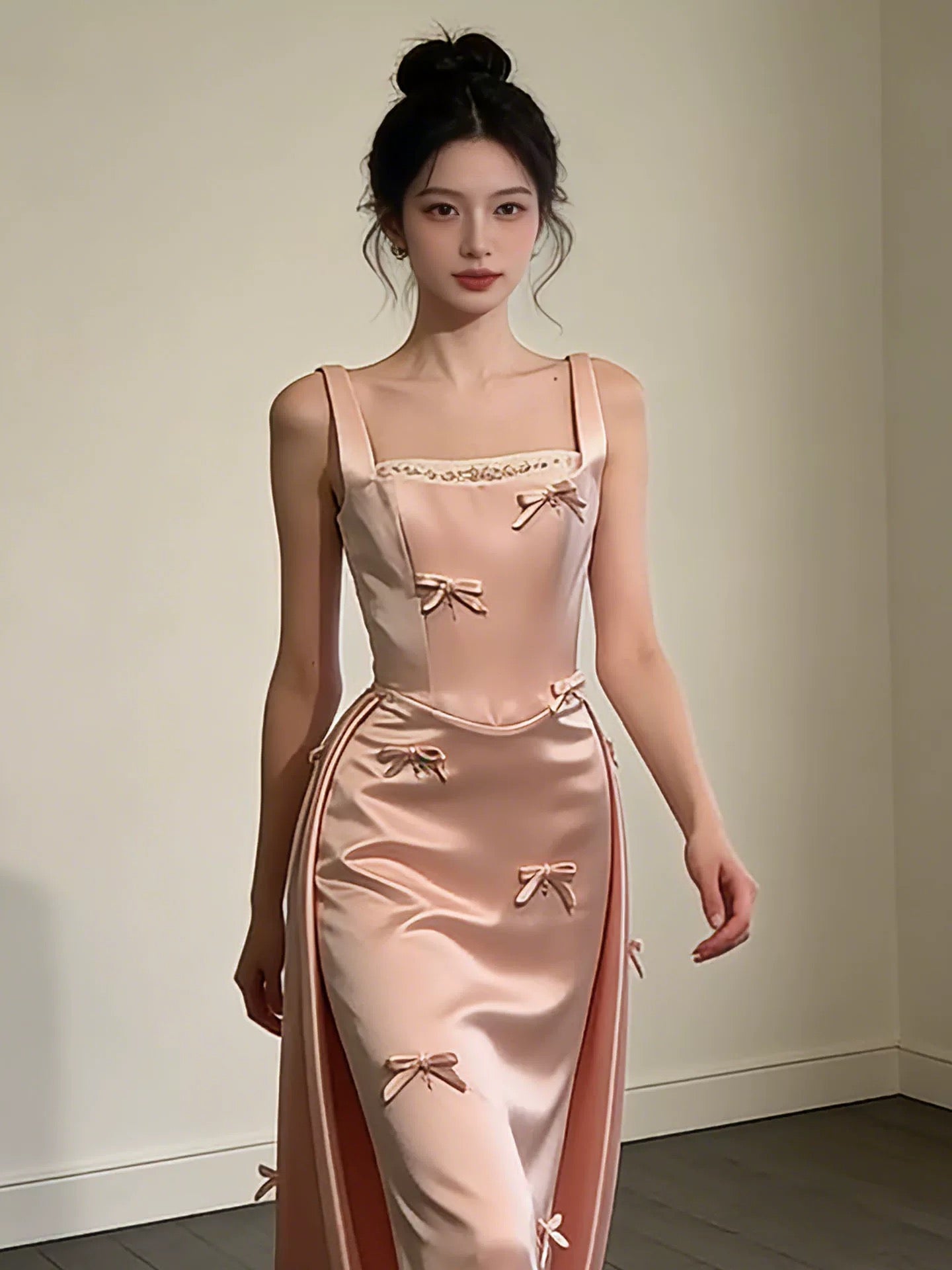 Cute Sheath Square Pink Satin 18th Birthday Elegant Outfit Formal Long Prom Dresses N4126