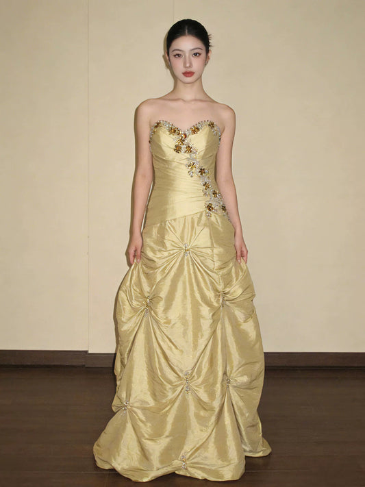 Modest Ball Gown Sweetheart Yellow Satin Birthday With Beaded Elegant Outfit Formal Prom Dresses N4127