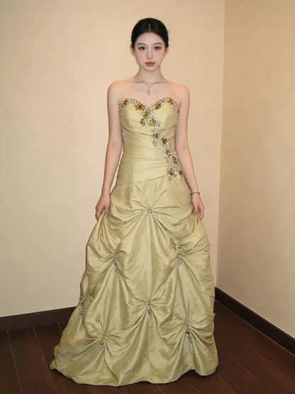 Modest Ball Gown Sweetheart Yellow Satin Birthday With Beaded Elegant Outfit Formal Prom Dresses N4127