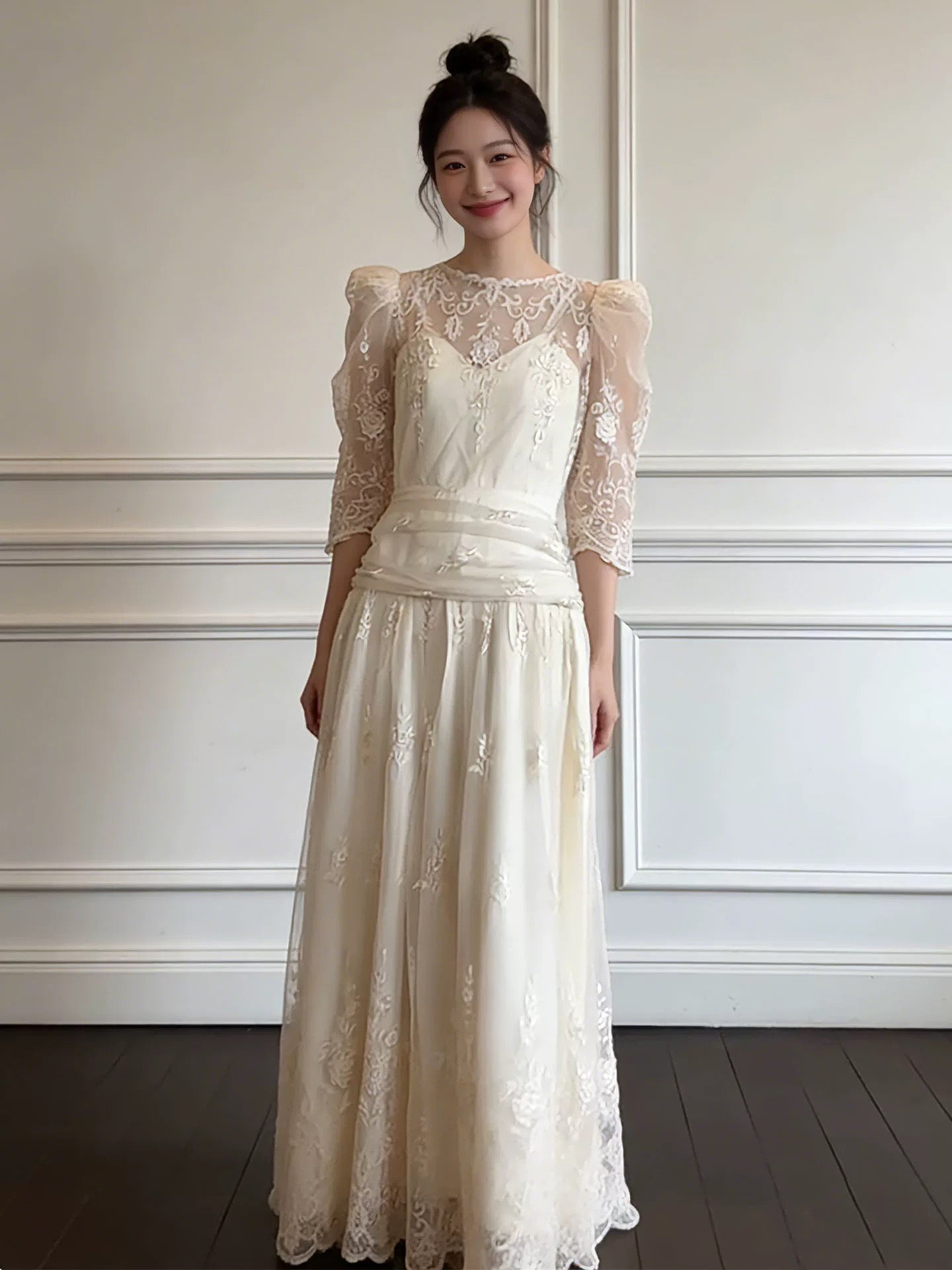 Simple Wedding Dresses A Line Scoop White Lace Summer Garden Long Wedding Dress N4128