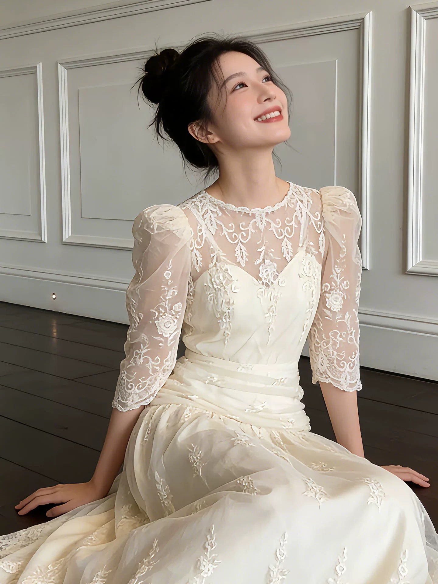 Simple Wedding Dresses A Line Scoop White Lace Summer Garden Long Wedding Dress N4128