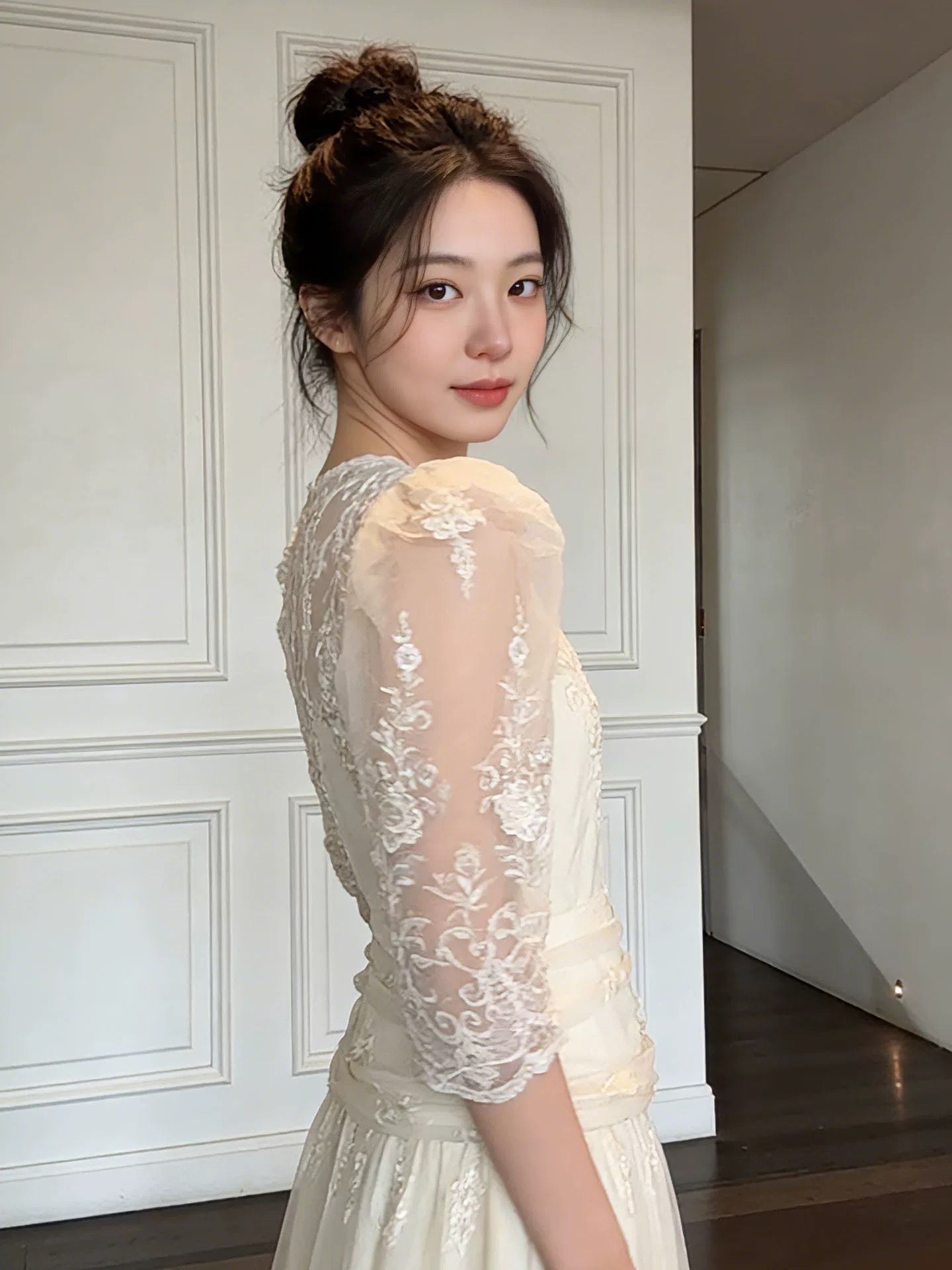 Simple Wedding Dresses A Line Scoop White Lace Summer Garden Long Wedding Dress N4128