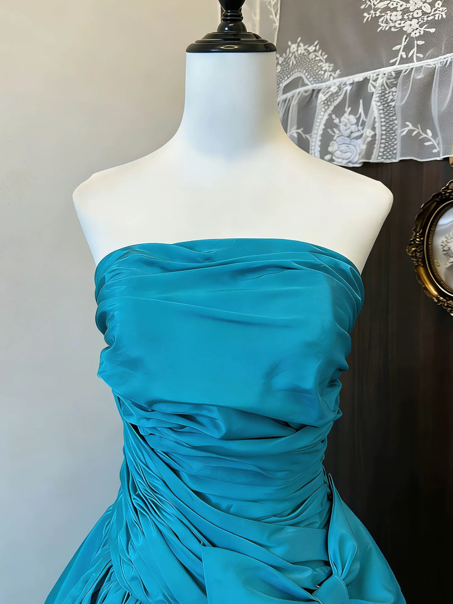 Ball Gown Strapless Blue Satin Birthday With Beaded Elegant Outfit Formal Prom Dresses N4129