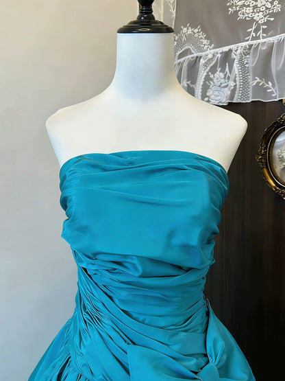 Ball Gown Strapless Blue Satin Birthday With Beaded Elegant Outfit Formal Prom Dresses N4129