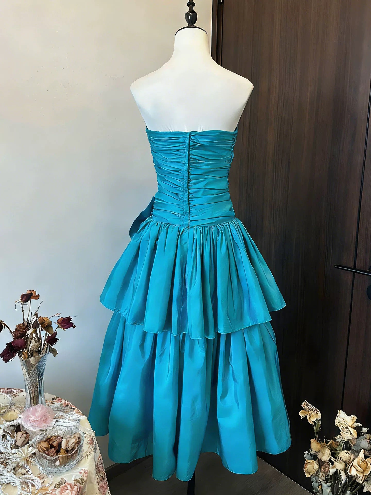Ball Gown Strapless Blue Satin Birthday With Beaded Elegant Outfit Formal Prom Dresses N4129