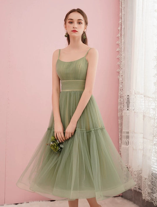 Elegant A line Spaghetti Strap Pink Green Tea Length Bridesmaid Dresses Formal Evening Gowns N4130