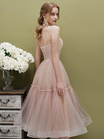 Elegant A line Spaghetti Strap Pink Green Tea Length Bridesmaid Dresses Formal Evening Gowns N4130