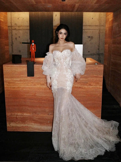 Vintage Wedding Dresses Mermaid Sweetheart Lace Long Sleeves Summer Garden Wedding Dress N4134