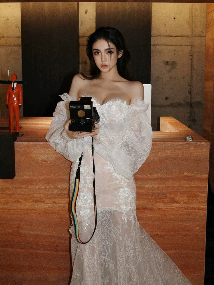 Vintage Wedding Dresses Mermaid Sweetheart Lace Long Sleeves Summer Garden Wedding Dress N4134