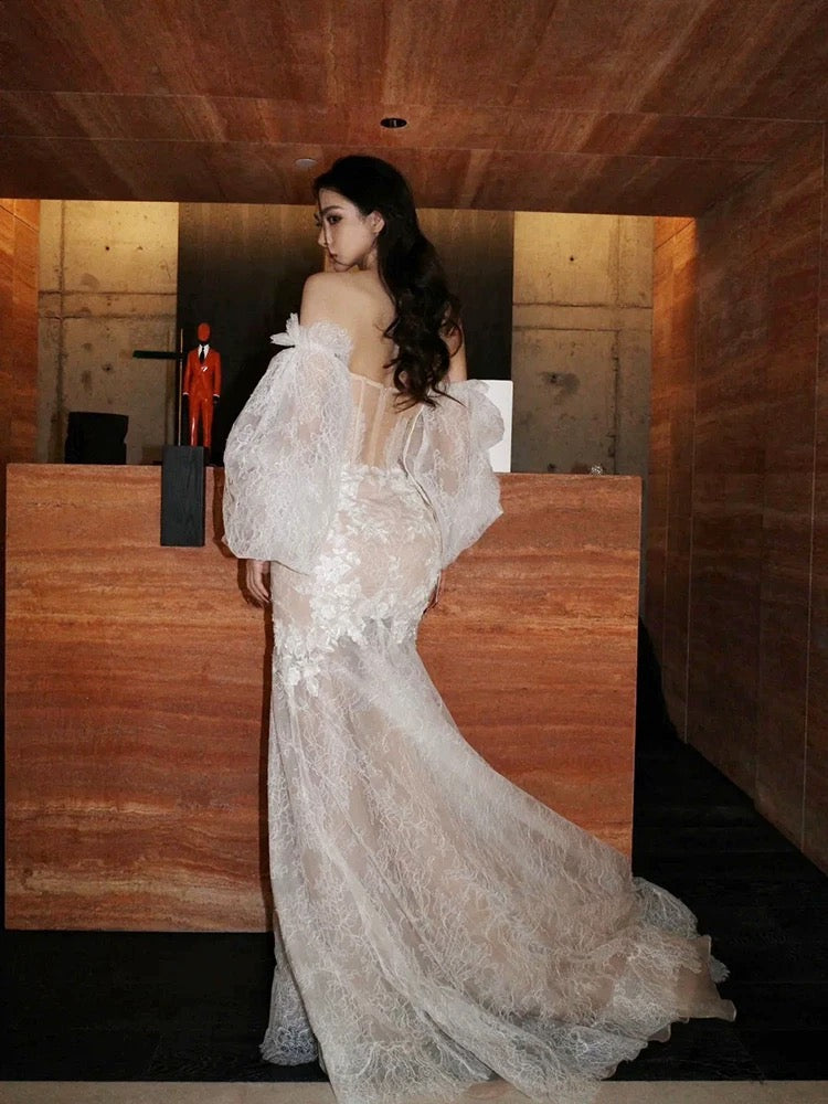 Vintage Wedding Dresses Mermaid Sweetheart Lace Long Sleeves Summer Garden Wedding Dress N4134
