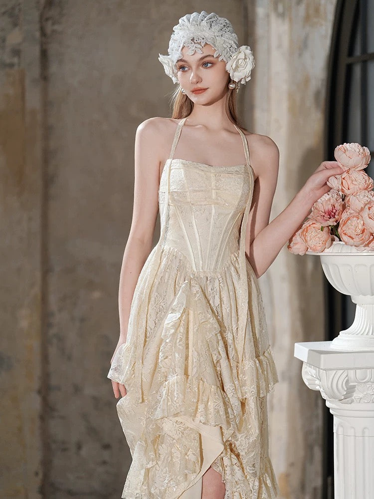 French Style Wedding Dresses A line Halter Champagne Lace Summer Garden Wedding Dress N4136