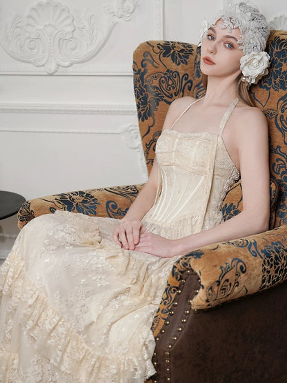 French Style Wedding Dresses A line Halter Champagne Lace Summer Garden Wedding Dress N4136