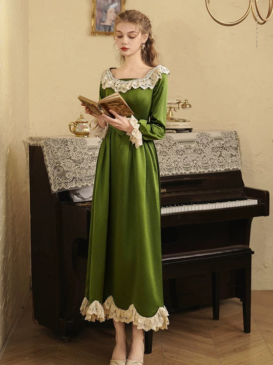 Charming A line Square Neck Green With Sleeves Summer 19th Birthday Elegant Outfit Wedding Guest Dresses N4137