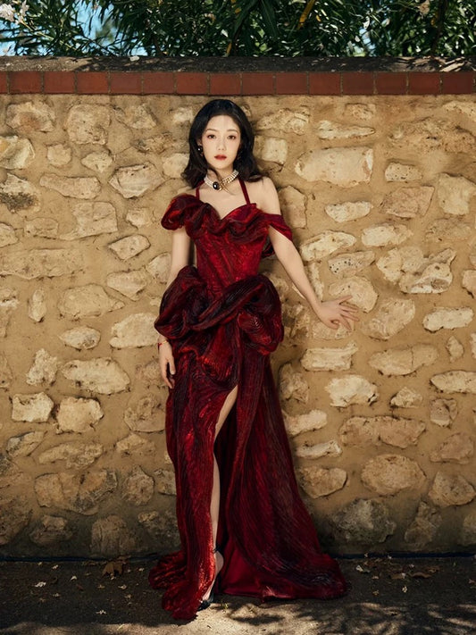 Sexy Ball Gowns Halter Burgundy Sequin Sleeveless With Slit Long Prom Dresses For Women N4264