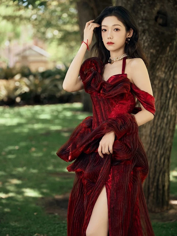 Sexy Ball Gowns Halter Burgundy Sequin Sleeveless With Slit Long Prom Dresses For Women N4264
