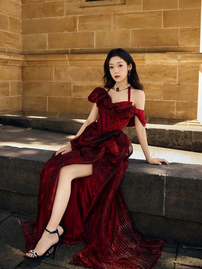 Sexy Ball Gowns Halter Burgundy Sequin Sleeveless With Slit Long Prom Dresses For Women N4264
