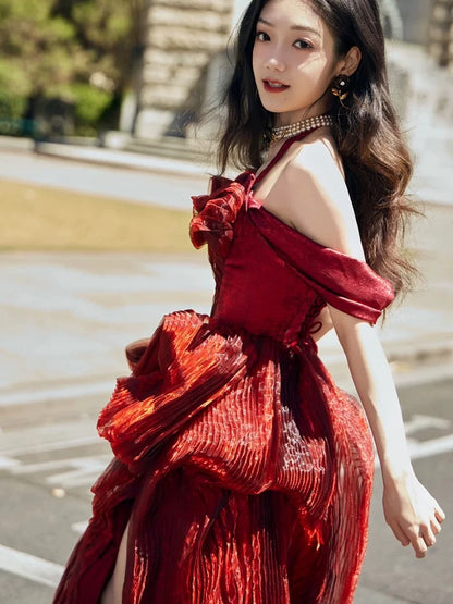 Sexy Ball Gowns Halter Burgundy Sequin Sleeveless With Slit Long Prom Dresses For Women N4264
