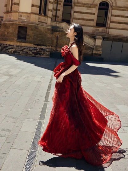 Sexy Ball Gowns Halter Burgundy Sequin Sleeveless With Slit Long Prom Dresses For Women N4264