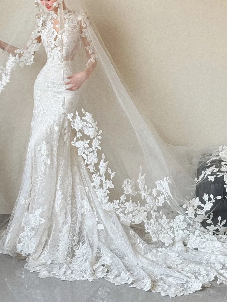 Romantic Wedding Dresses Mermaid V Neck Long Sleeves Lace Summer Wedding Dress N4265
