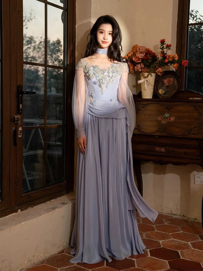 Stunning A line Scoop Blue Satin Sleeveless With Scarf Long Prom Dresses For Women N4266