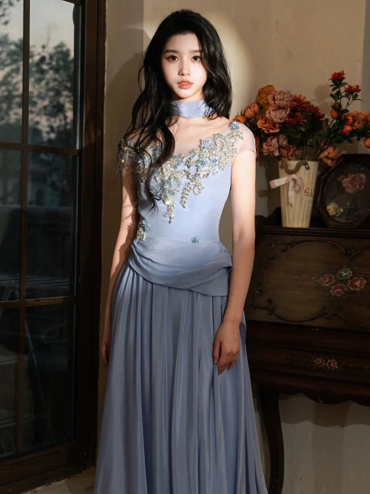 Stunning A line Scoop Blue Satin Sleeveless With Scarf Long Prom Dresses For Women N4266