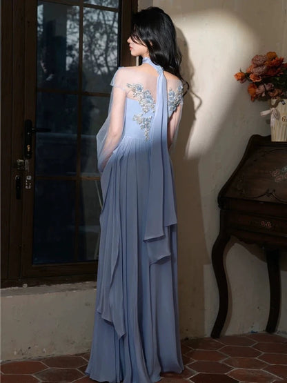 Stunning A line Scoop Blue Satin Sleeveless With Scarf Long Prom Dresses For Women N4266