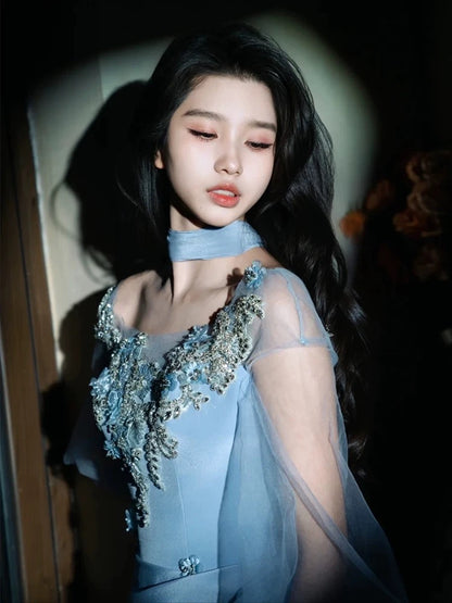 Stunning A line Scoop Blue Satin Sleeveless With Scarf Long Prom Dresses For Women N4266