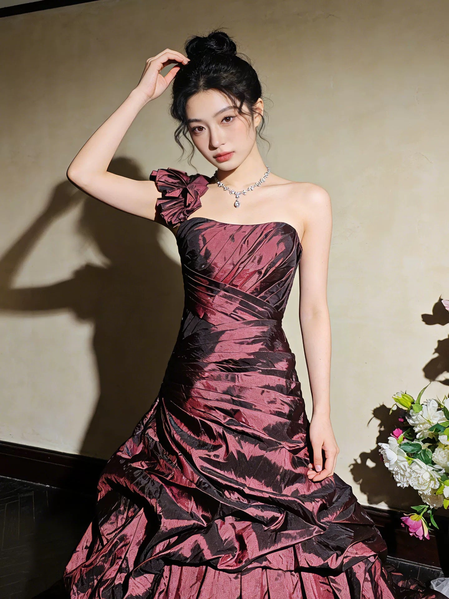Princess Prom Dresses Ball Gowns One Shoulder Burgundy Taffeta Evening Long Formal Dress N4267