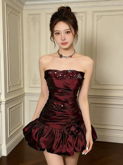 Vintage Sheath Strapless Burgundy Satin Short Mini Party Dress Cocktail Homecoming Dresses N4269