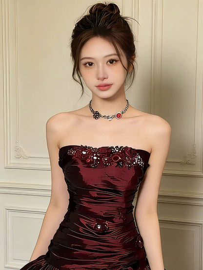 Vintage Sheath Strapless Burgundy Satin Short Mini Party Dress Cocktail Homecoming Dresses N4269