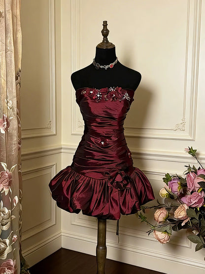 Vintage Sheath Strapless Burgundy Satin Short Mini Party Dress Cocktail Homecoming Dresses N4269